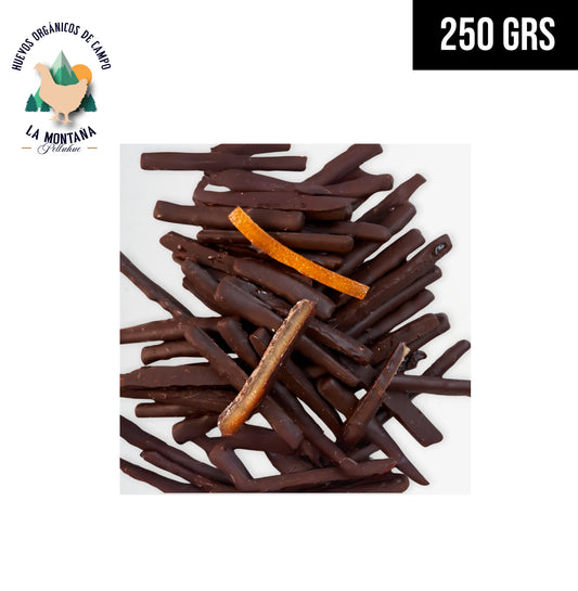 Tiritas de naranja bañadas en chocolate 250 grs